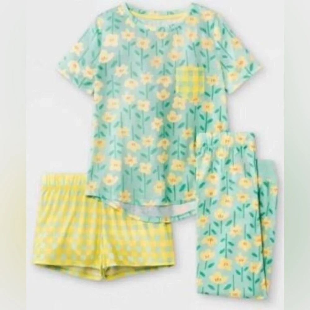 Cat & Jack Girls 3pc Pajama Set Floral Checkered Mint Yellow NWT Size 10/12